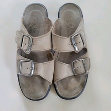 CLARKS SPRINGERS 'TAUPE' NUBUCK LEATHER 2-STRAP SLIDE SANDALS - LADIES 7.5 