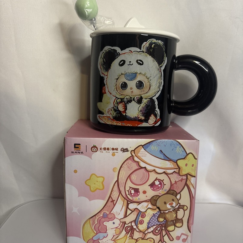 Baby Three Character Ceramic Mug Black Panda With Lid, Spoon And Box