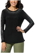 Antthony Women's Embellished Long-Sleeve Heat Seal Top Black