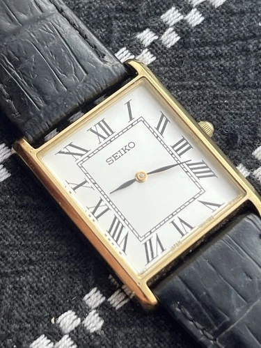 Seiko Tank Mens Vintage Watch Roman Numeral Dial Gold Plated 7N00-0AZ0 Leather