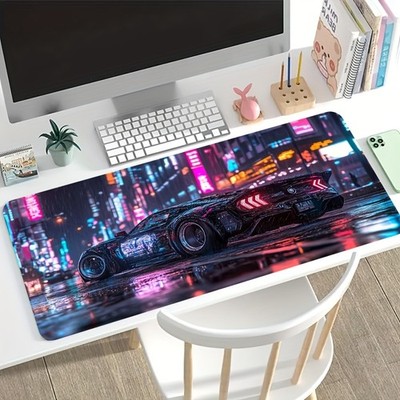 1pc Large Neon Tokyo Night Racing Gaming Desk Mat - Drift Style Car & Text Desig