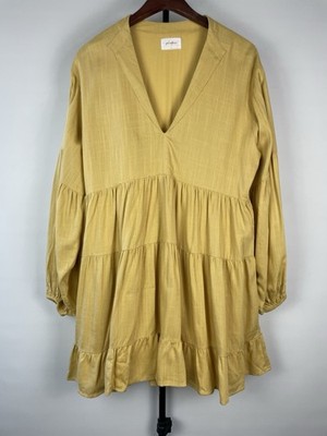 Girl And The Sun Mustard Yellow Lorey Long Puff Sleeve Tiered Linen Blend Dress