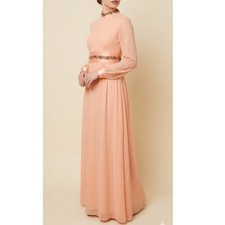 VTG 60s Prairie Princess Chiffon Dress Gown High Neck M Peach Embroidered Fairy