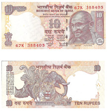 INDIA 10 RUPEES P95b  L  2006 UNC TONE GANDHI TIGER RHINO YVR SIGN BANKNOTE