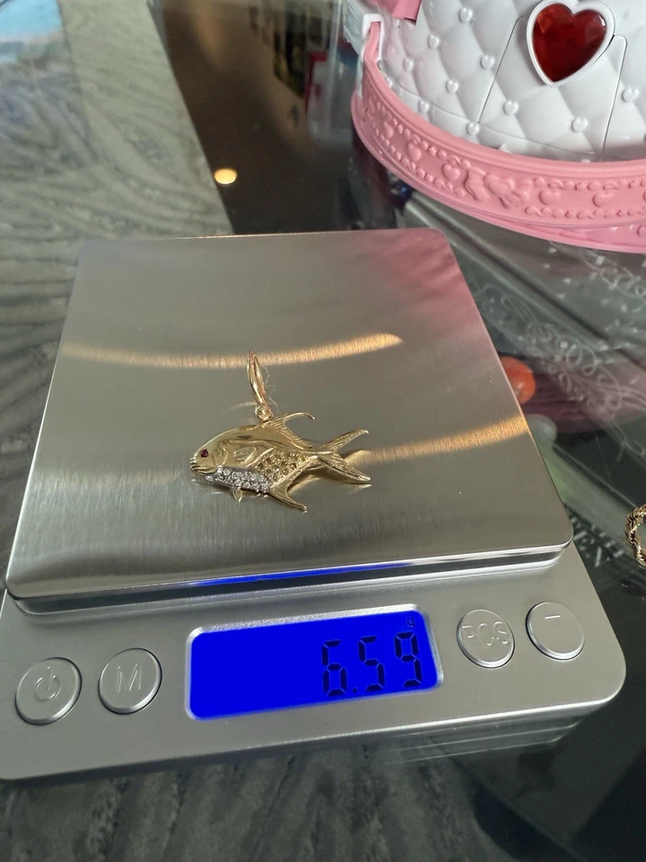 Customized 14kt Gold Permit Fish With Natural Red Ruby Eye & Diamonds Pendant - Image 3 of 3