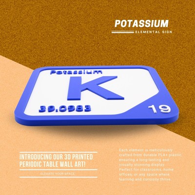 3D Printed Potassium Periodic Table Tile, Durable PLA+ with Adhesive Strip.