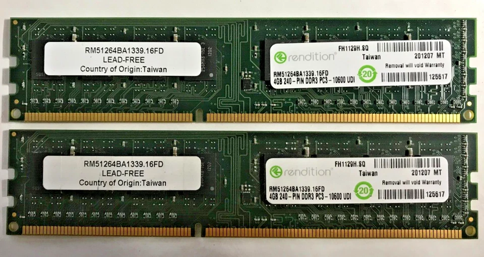RENDITION 8GB (2x4GB)DDR3 RM51264BA1339.16FD PC3-10600 UDI 240-Pin #R2340
