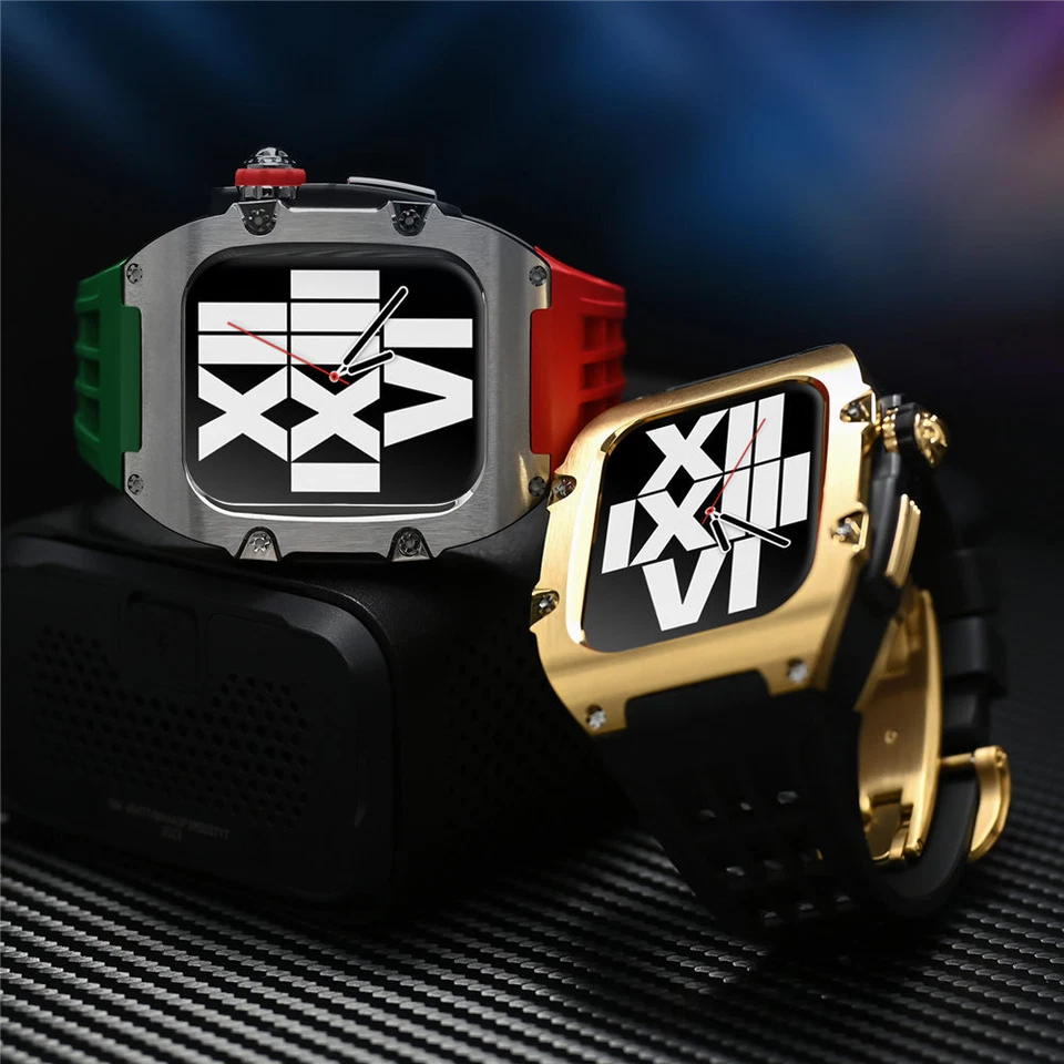 316L Stainless Steel RM Mod Kit Case Rubber Strap for Apple Watch 9 8 6 45/44mm - Image 2 of 4