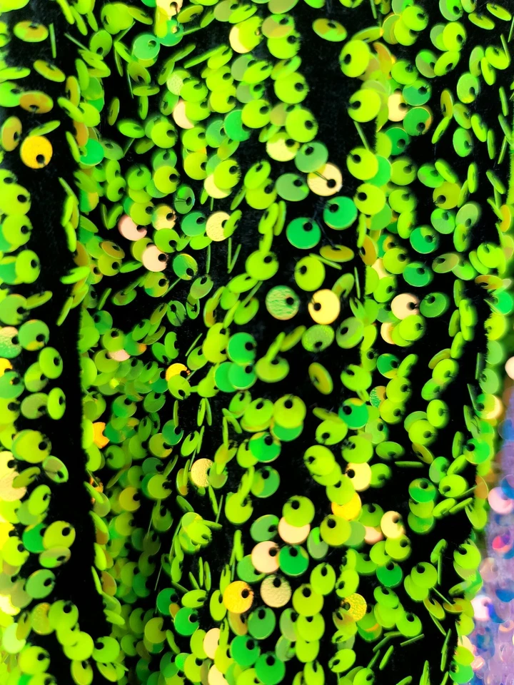 Full GREEN Sequin Stretch Black Velvet Fabric By The Yard Neon Green For Dress - Image 4 of 4