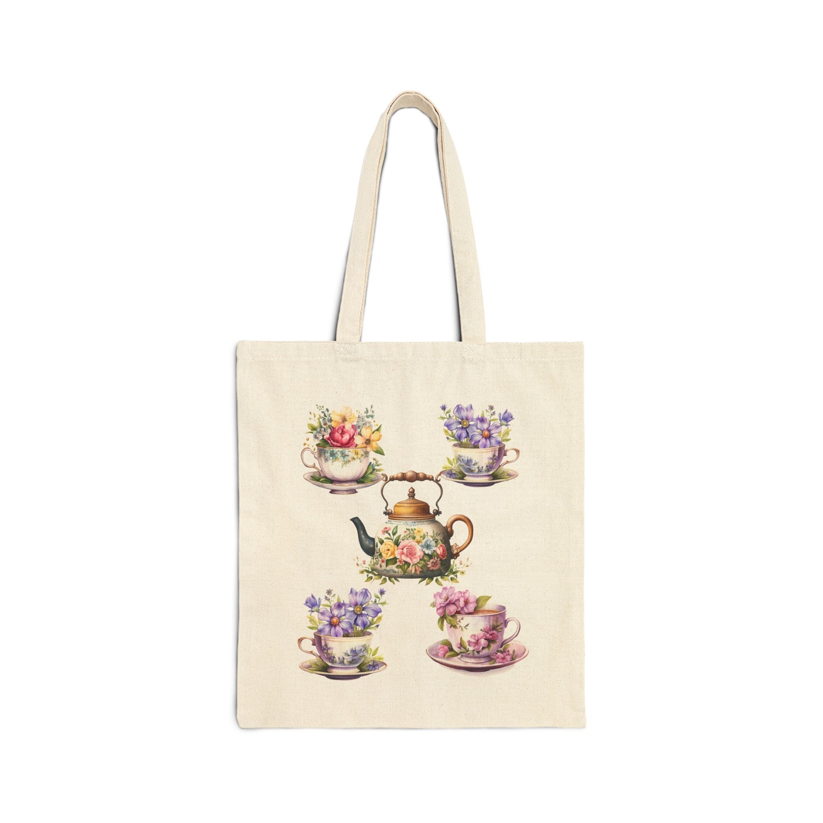 Tea Cups and Flowers, fun Eco Friendly Cotton Canvas Tote Bag 15