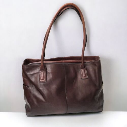FOSSIL DOUBLE TOP HANDLE BROWN LEATHER TOTE LARGE HAND BAG POCKETS VINTAGE PURSE - Afbeelding 1 van 16