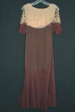 RARE FRENCH ANTIQUE 1920'S BROWN SILK CHIFFON DRESS WITH LACE TRIM SIZE 4
