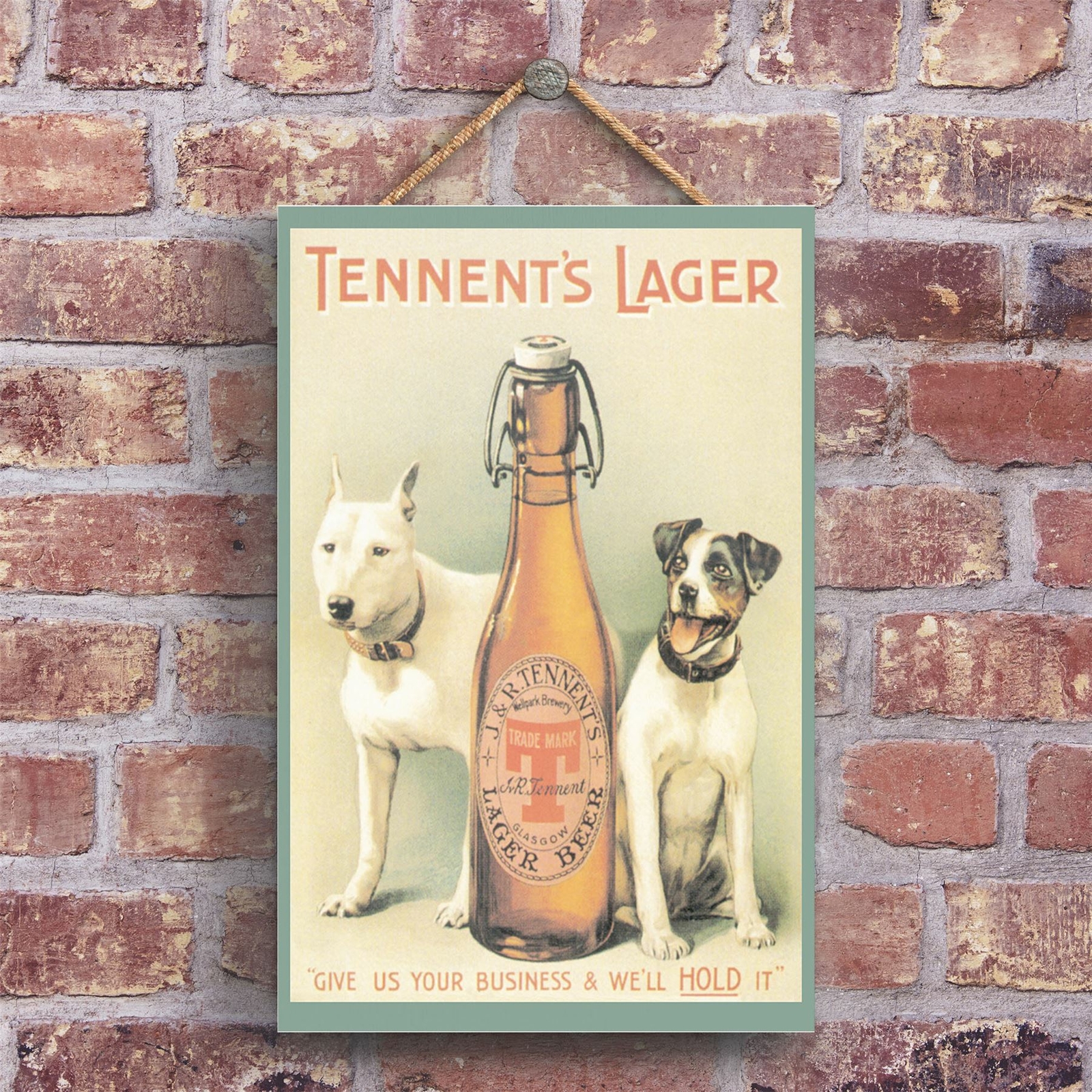 A CLASSIC TENNENTS LARGER RETRO STYLE VINTAGE ADVERTISEMENT ON A WOODEN PLAQUE