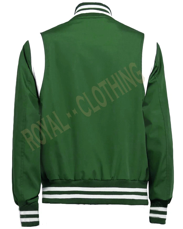 New Men's Varsity Bomber baseball Green & White Shoulder Strip All Satin Jacket  - Image 2 of 3