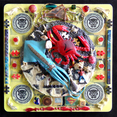 SQUID & CRAB SCRAMBLE: Unique Handmade 1/1 Recycled Toy Art Collage 2024 Shiring