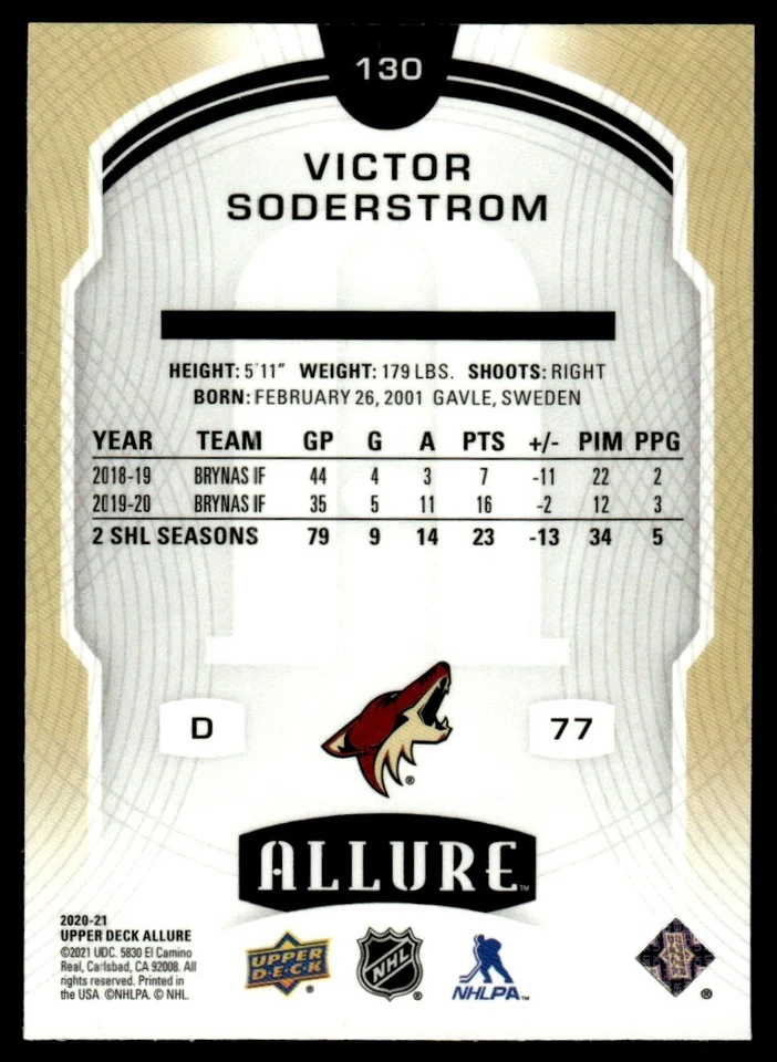 2020-21 Upper Deck Allure Victor Soderstrom Rookie Arizona Coyotes #130 - Image 2 of 2