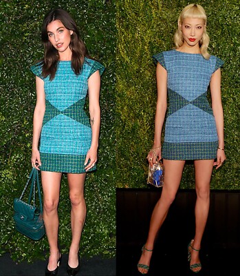 CHANEL 18S BLUE GREEN TWEED CC LOGO RUNWAY MINI DRESS 38 40 | eBay
