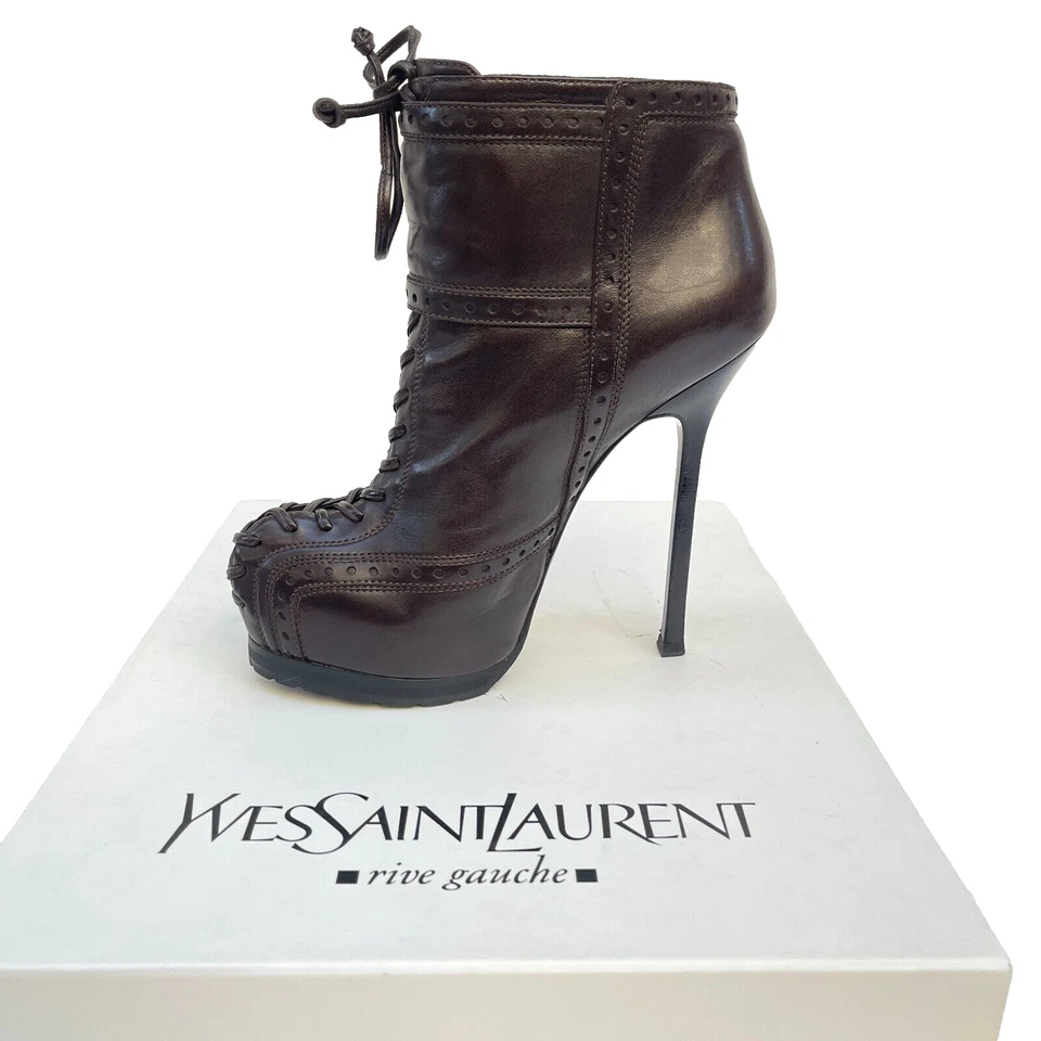 YSL Yves Saint Laurent Tribtoo Botines Plataforma Cuero Marrón $1,349 Foto 2 de 4