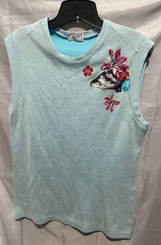 VNTG Gianni Versace Mens Light Blue Floral Sleeveless Tank Top Shirt Size 52