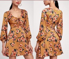 Free People Morning Light  Floral Long-Sleeve V-Neck Fully Lined Dress Size 4