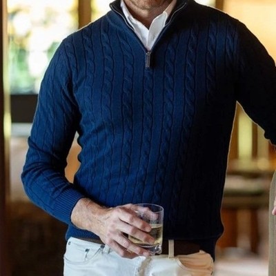 Collars & Co Kensington Navy Cable Knit Quarter Zip Sweater Mens Medium NWT