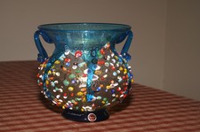 Signed Imperio Rossi Murano Glass Millefiori Vase with Gold Flake and Blue Drips