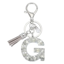Initial Letter Keychain with Tassel, Alphabet Letter g Keyring, Silver