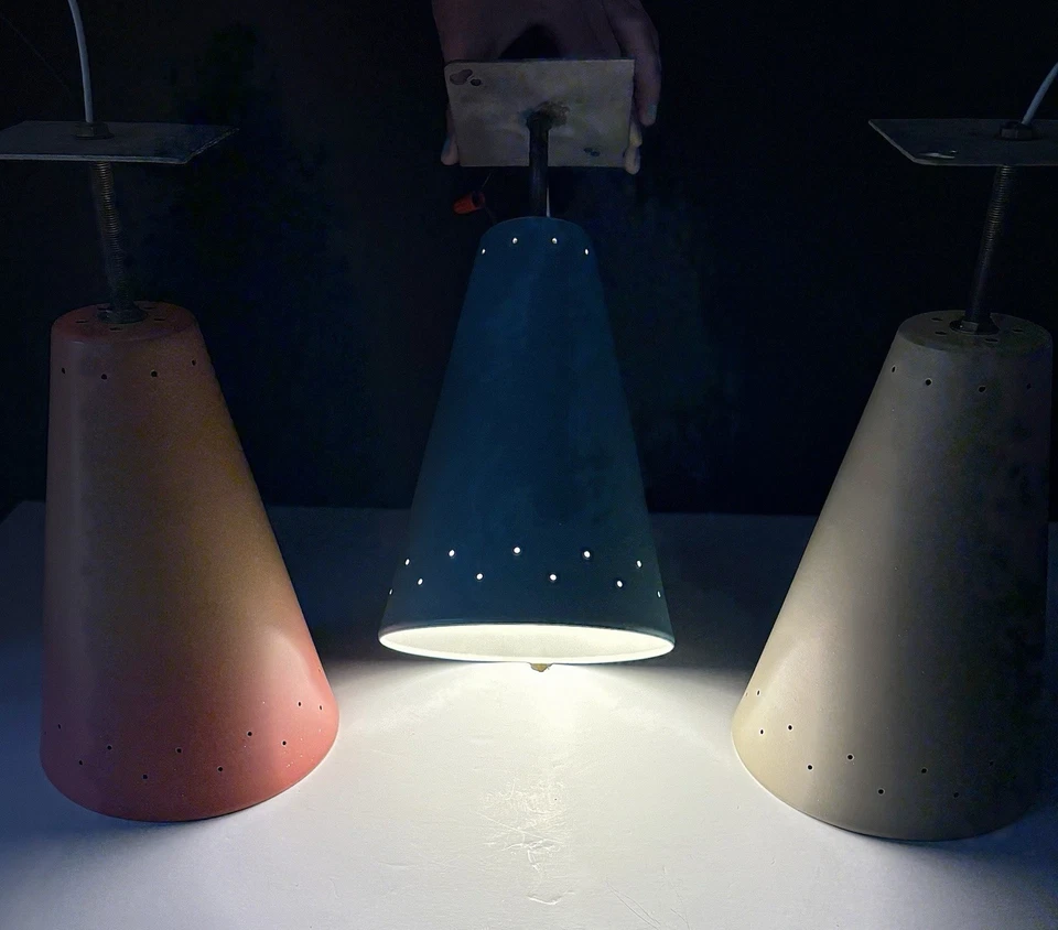 Vintage 1950s Mid Century Retro Atomic Industrial Multicolor Light Fixtures Set - Image 3 of 4