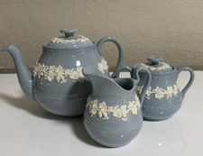 WEDGWOOD Queensware Cream Color On Lavender Teapot Sugar Bowl, Pitcher SET