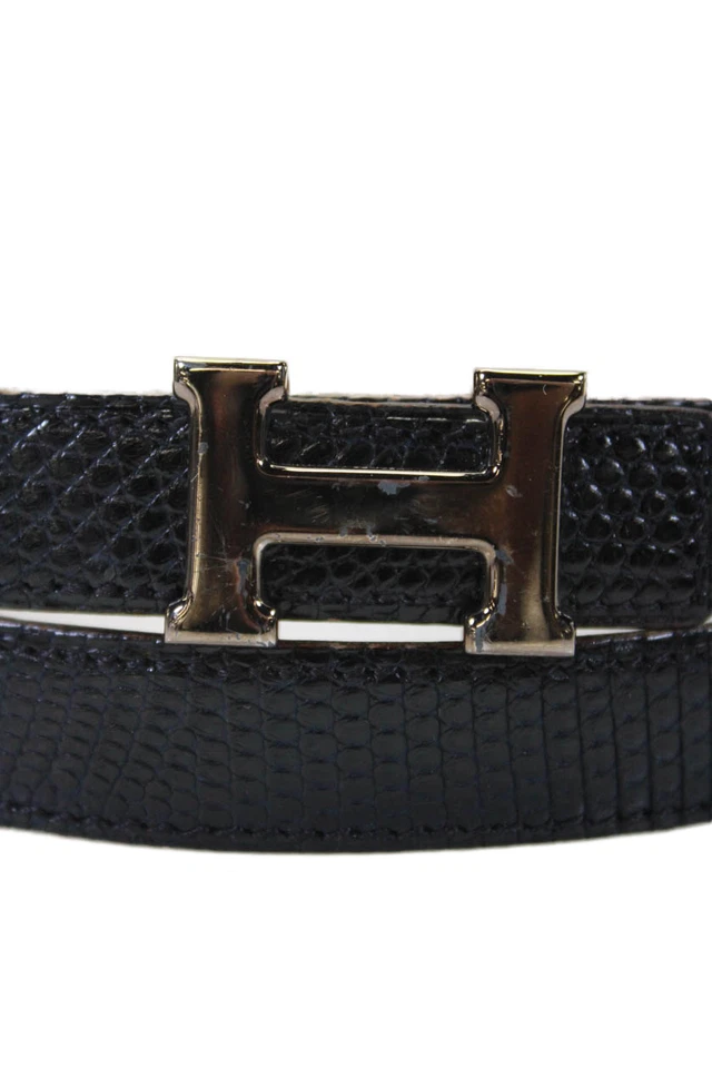 Hermes Womens Leather Reversible Interchangeable Skinny Belt Navy Brown Size 26 - Image 2 of 4