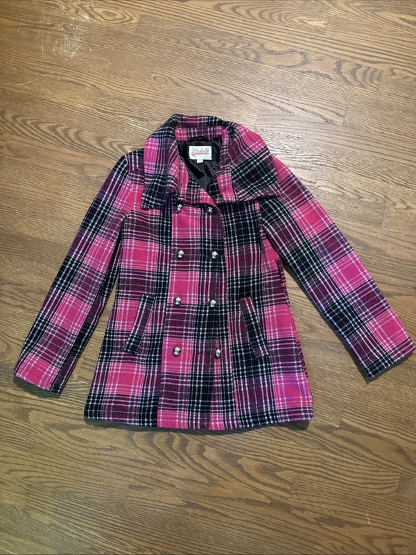 Chillypop pink and black plaid peacoat Jacket with silver buttons. Girls 10