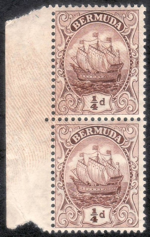 1912 Bermuda Caravel Vertical Pair with Margin Sailing Ship ¼p, MNH/VF/OG, ERROR