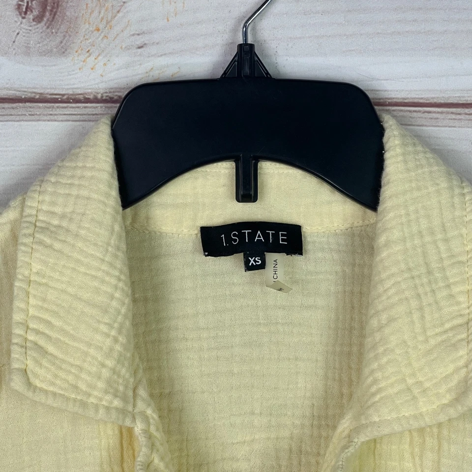 1 State Top Mujer XS Amarillo Camisa Abotonada Algodón Gasa Corbata Cintura Manga Larga Foto 3 de 4