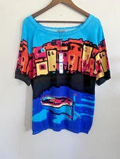 Joseph A Top Size XL Art to Wear New $68 St Tropez Colorful Boat & Cityscape