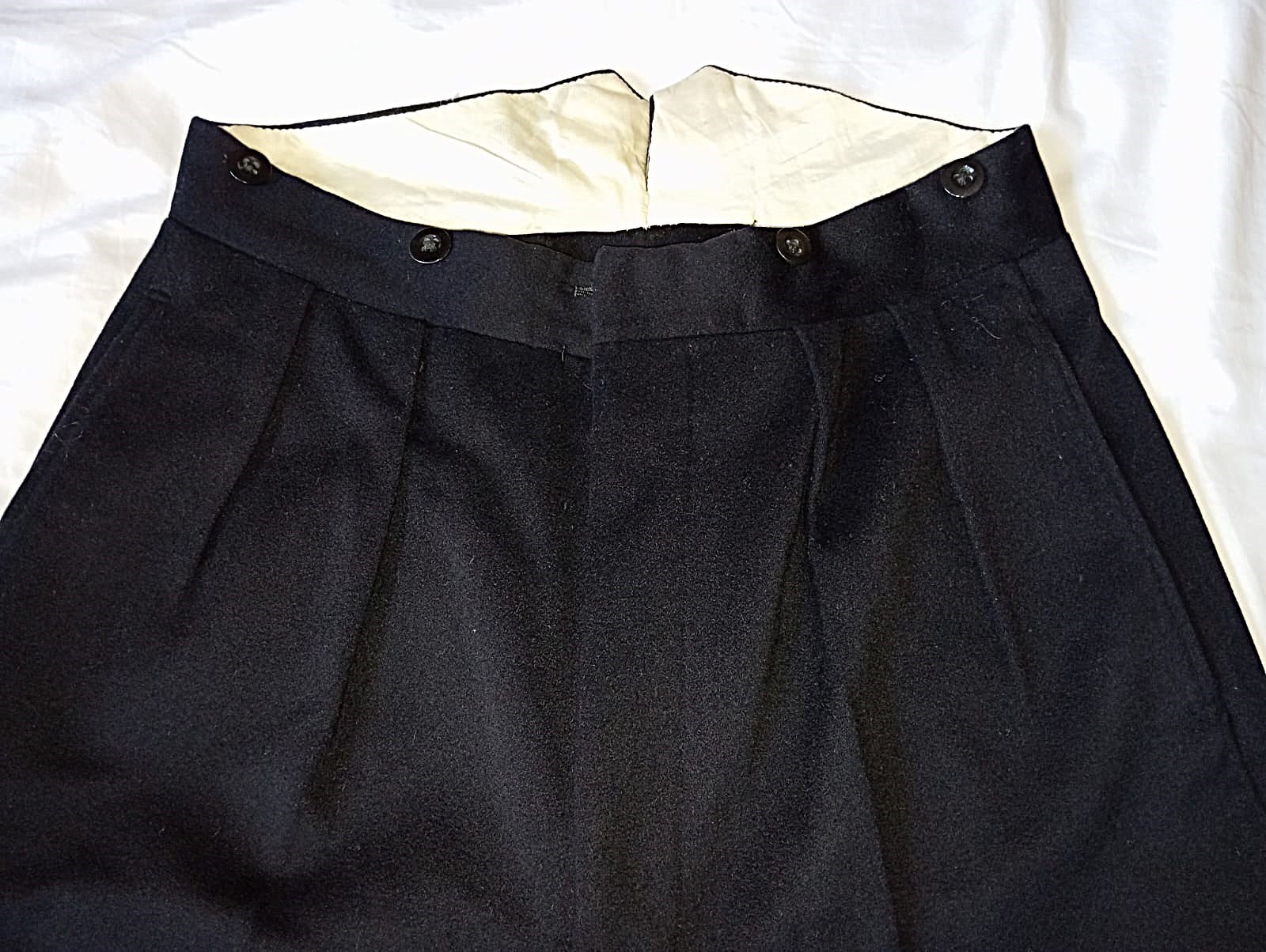 Original 1940s Vintage High Rise Black Barathea Wool Trousers with Cinch Back