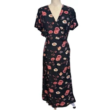 Vintage Sostanza Size XL Floral Print Wrap Midi Dress Navy Blue