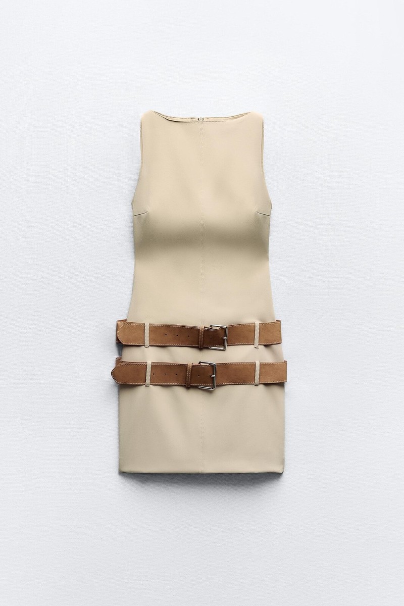 Zara Short Fitted Dress With Double Belt Light Camel Beige  display picture 2