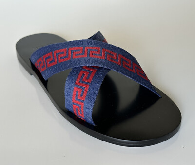 NIB Versace Greca Crisscross Blue/Red Slides Sandals 9 US (42 Euro) 1006273
