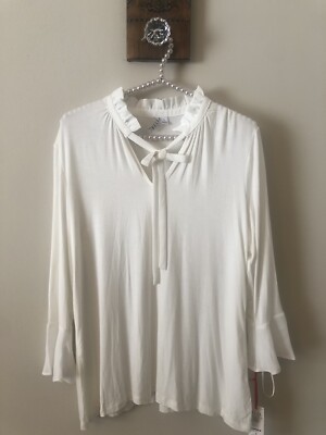 NWT Elle Womens Size Small Off White Blouse 3/4 Bell Sleeves Tie Neck