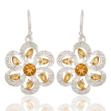 925 Sterling Silver Citrine And White Topaz Cluster Floral Dangle Earrings