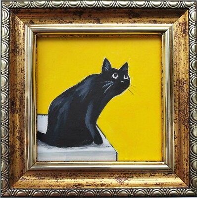 Black cat mini painting original Black cat art Framed Funny kitten