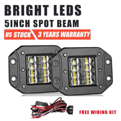 2X 5'' Flush Mount LED Work Light Pods Bumper Reverse Driving Fog + Wiring Kit