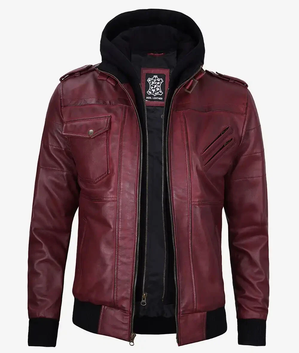 Men's Removable Hood Bomber Moto Biker Racer Real Lambskin Maroon Leather Jacket