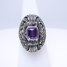 Sterling Silver 925 Art Deco Style Purple Amethyst Dome Openwork Sz 6.5 Ring