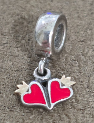 Authentic PANDORA SS/14k Enamel Charm DOUBLE HEART Crowns #790434E09