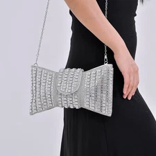 NEW  Silver Bow-Shaped Crystal Clutch or Crossbody Bag With Shoulder Chain Strap