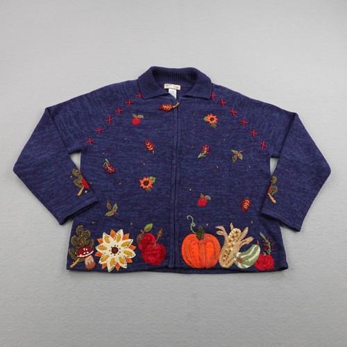 Vintage Heirloom Collectibles Sweater Womens Medium Blue Autumn Fall Embroidered