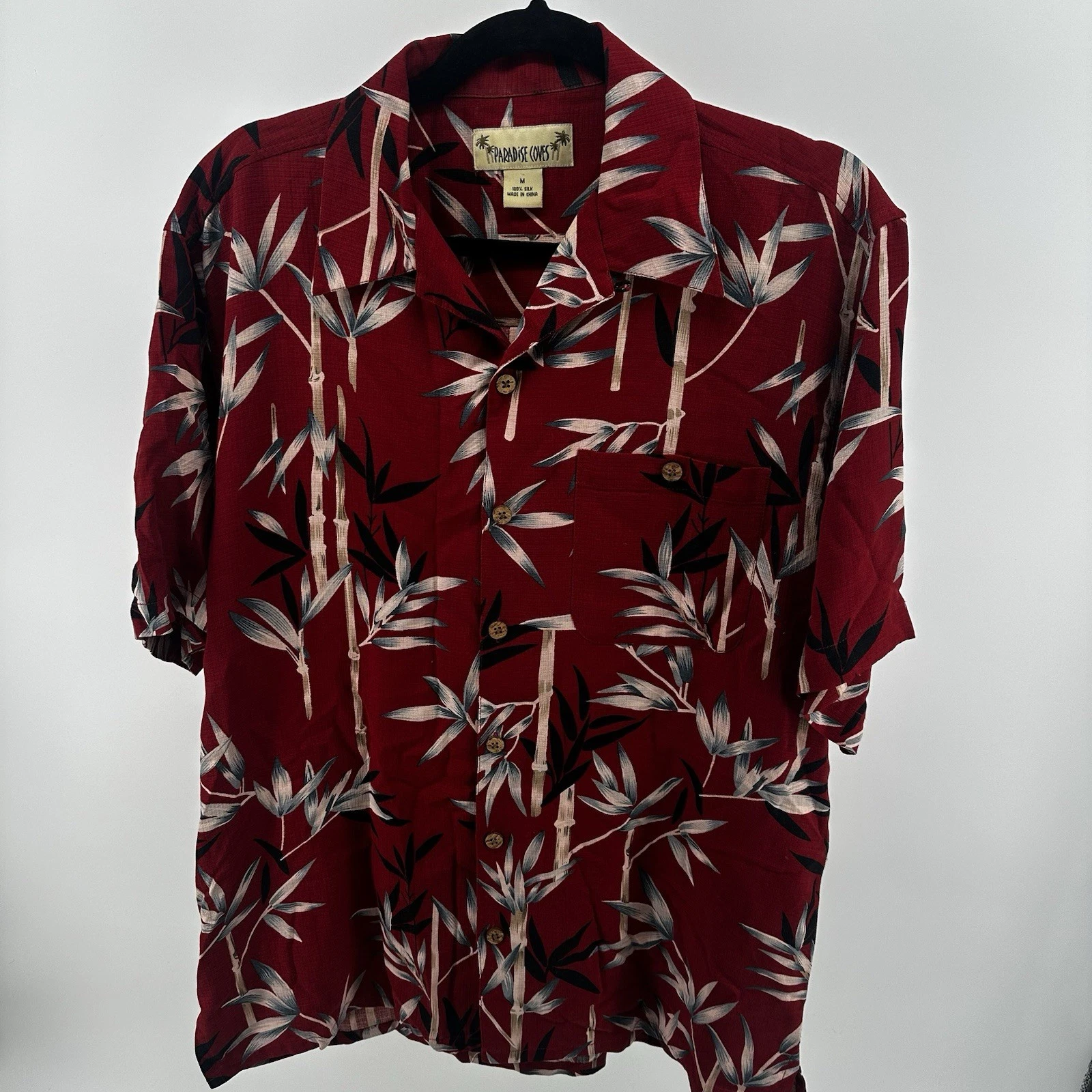 Paradise Cove Silk Red Bamboo Art Medium Mens Hawaiian Button Shirt Lightweight
