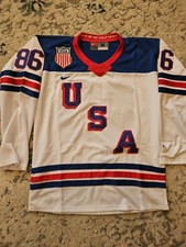 USA Hockey Jersey Hughes #86 White  Olympic Team Sewn Stitched Adult MEDIUM