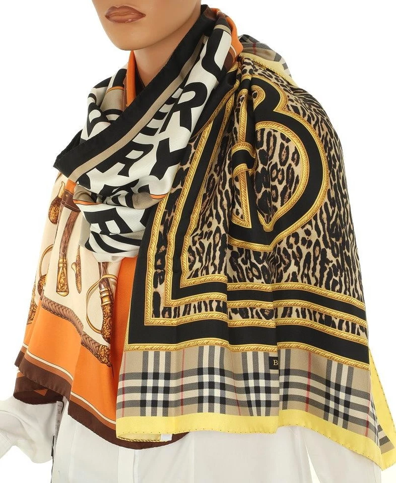 NUEVO CHAL ENVOLVENTE BUFANDA OBLONGA SEDA ESTAMPADO LEOPARDO CUADROS DE LUJO BURBERRY Foto 3 de 4